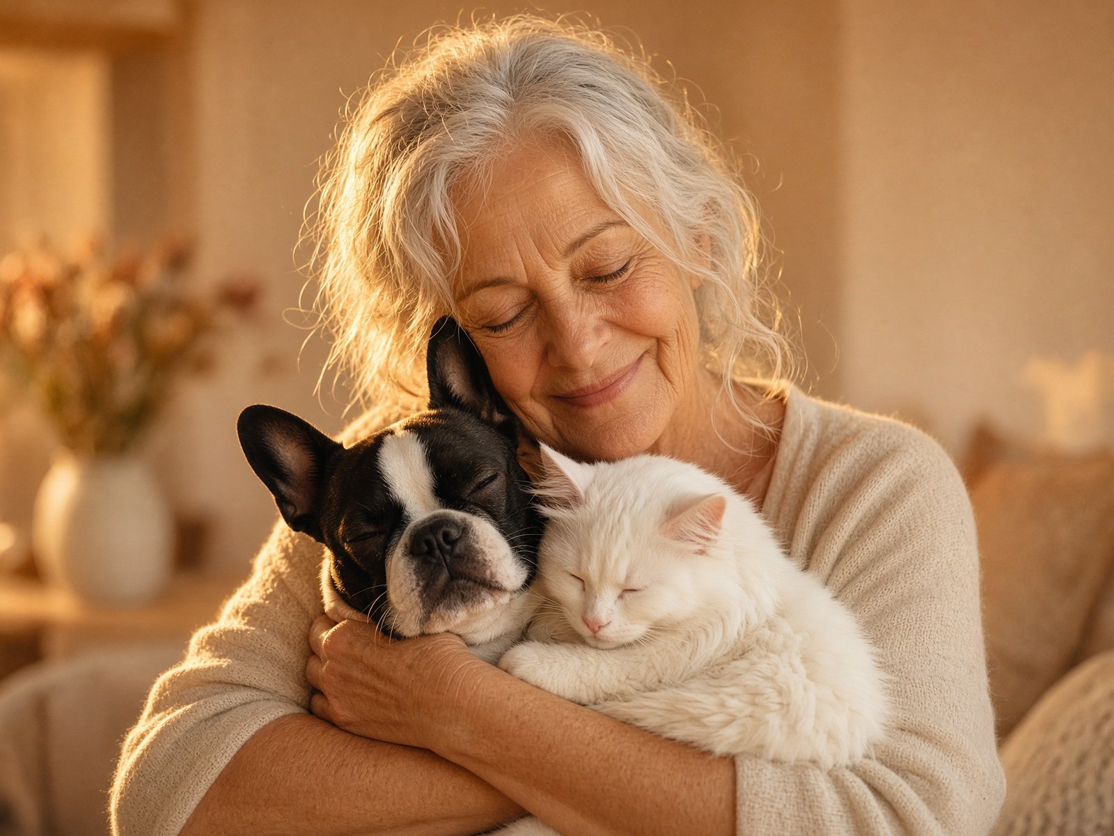 Older woman hugging her French Bulldog and cat