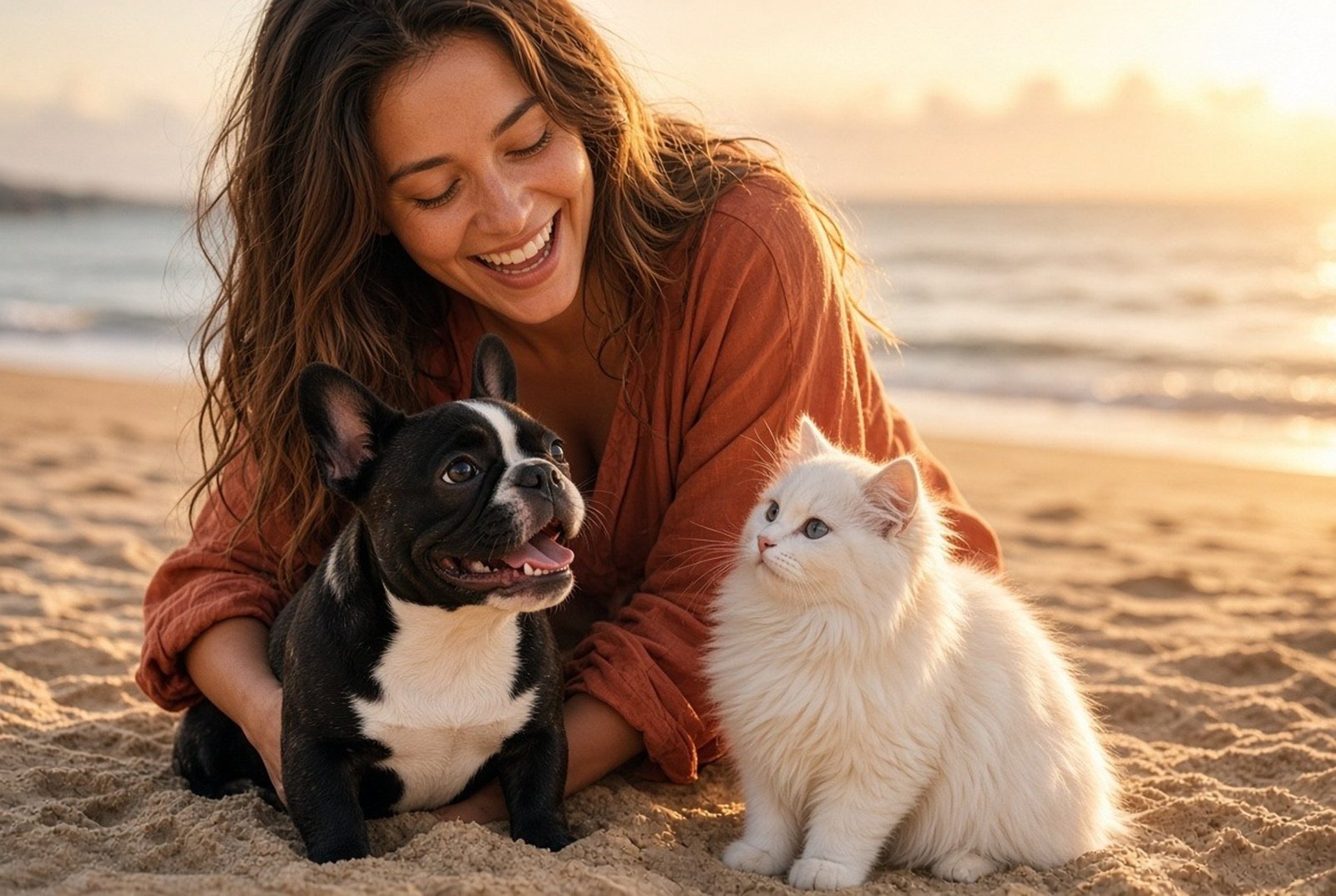 Woman on the beach at golden hour with a black and white French Bulldog and a white cat